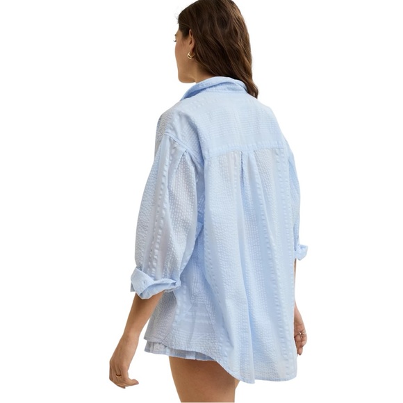 Aerie Seersucker Coverup Shirt Women’s Lightweight Button Up Baby Blue Large - Picture 2 of 10